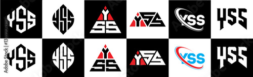 YSS letter logo design in six style. YSS polygon, circle, triangle, hexagon, flat and simple style with black and white color variation letter logo set in one artboard. YSS minimalist and classic logo
