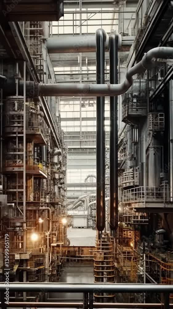 Industrial Interior: A symmetrical view of a massive industrial interior, with intricate networks of pipes, walkways, and machinery. Industrial Interior: A symmetrical view of a massive industrial interior, with intricate networks of pipes, walkways, and machinery.