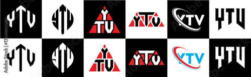 YTV letter logo design in six style. YTV polygon, circle, triangle, hexagon, flat and simple style with black and white color variation letter logo set in one artboard. YTV minimalist and classic logo