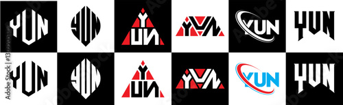 YUN letter logo design in six style. YUN polygon, circle, triangle, hexagon, flat and simple style with black and white color variation letter logo set in one artboard. YUN minimalist and classic logo