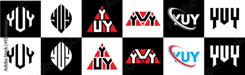 YUY letter logo design in six style. YUY polygon, circle, triangle, hexagon, flat and simple style with black and white color variation letter logo set in one artboard. YUY minimalist and classic logo