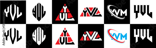 YVL letter logo design in six style. YVL polygon, circle, triangle, hexagon, flat and simple style with black and white color variation letter logo set in one artboard. YVL minimalist and classic logo