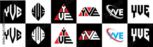 YVE letter logo design in six style. YVE polygon, circle, triangle, hexagon, flat and simple style with black and white color variation letter logo set in one artboard. YVE minimalist and classic logo