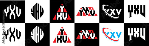 YXV letter logo design in six style. YXV polygon, circle, triangle, hexagon, flat and simple style with black and white color variation letter logo set in one artboard. YXV minimalist and classic logo