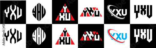 YXU letter logo design in six style. YXU polygon, circle, triangle, hexagon, flat and simple style with black and white color variation letter logo set in one artboard. YXU minimalist and classic logo