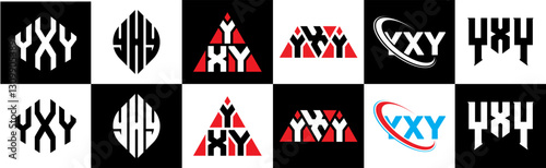 YXY letter logo design in six style. YXY polygon, circle, triangle, hexagon, flat and simple style with black and white color variation letter logo set in one artboard. YXY minimalist and classic logo