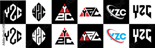 YZC letter logo design in six style. YZC polygon, circle, triangle, hexagon, flat and simple style with black and white color variation letter logo set in one artboard. YZC minimalist and classic logo