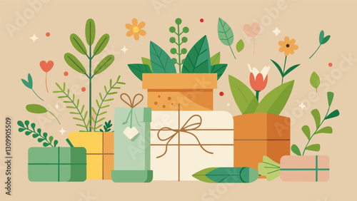A gardenthemed gift wrapping station using recycled paper and twine along with fresh herbs and flowers for a sustainable and aromatic touch.. Vector illustration