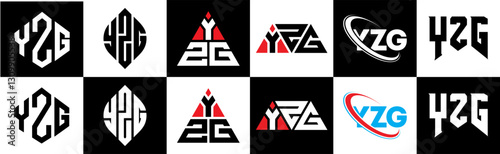 YZG letter logo design in six style. YZG polygon, circle, triangle, hexagon, flat and simple style with black and white color variation letter logo set in one artboard. YZG minimalist and classic logo
