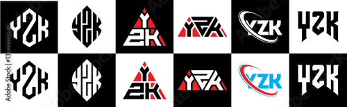 YZK letter logo design in six style. YZK polygon, circle, triangle, hexagon, flat and simple style with black and white color variation letter logo set in one artboard. YZK minimalist and classic logo