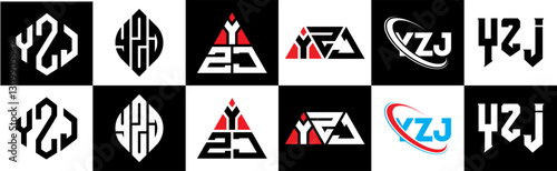 YZJ letter logo design in six style. YZJ polygon, circle, triangle, hexagon, flat and simple style with black and white color variation letter logo set in one artboard. YZJ minimalist and classic logo