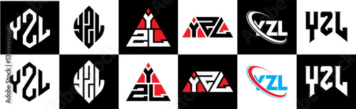 YZL letter logo design in six style. YZL polygon, circle, triangle, hexagon, flat and simple style with black and white color variation letter logo set in one artboard. YZL minimalist and classic logo