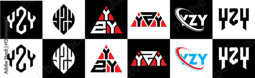 YZY letter logo design in six style. YZY polygon, circle, triangle, hexagon, flat and simple style with black and white color variation letter logo set in one artboard. YZY minimalist and classic logo