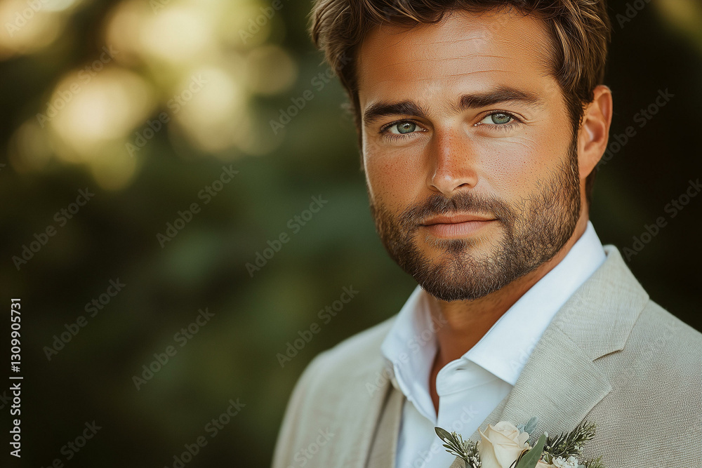 Man portrait in suit before wedding. Handsome groom in elegant formal clothes with flower boutonniere posing at camera, young guy looking confident and serious