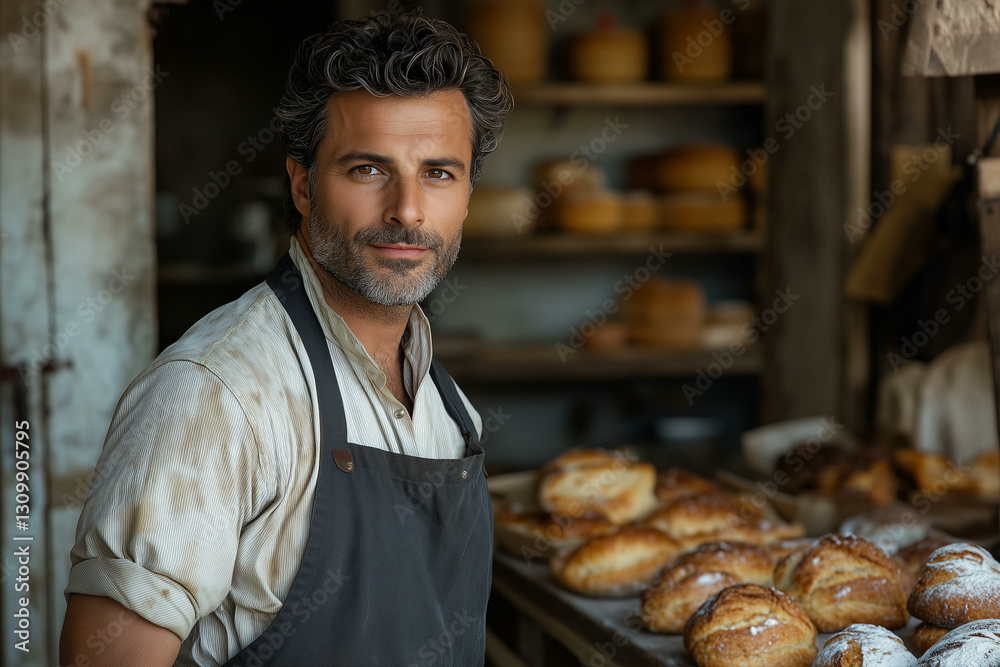 Baker in apron standing in a bakery. Young man near counter with bread and pastries, handsome chef in bakery shop with bakery goods Baker in apron standing in a bakery. Young man near counter with bread and pastries, handsome chef in bakery shop with bakery goods