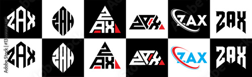 ZAX letter logo design in six style. ZAX polygon, circle, triangle, hexagon, flat and simple style with black and white color variation letter logo set in one artboard. ZAX minimalist and classic logo