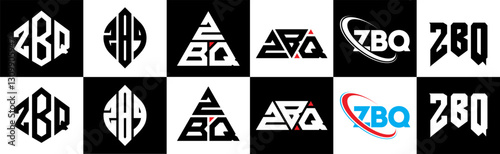 ZBQ letter logo design in six style. ZBQ polygon, circle, triangle, hexagon, flat and simple style with black and white color variation letter logo set in one artboard. ZBQ minimalist and classic logo