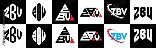 ZBV letter logo design in six style. ZBV polygon, circle, triangle, hexagon, flat and simple style with black and white color variation letter logo set in one artboard. ZBV minimalist and classic logo