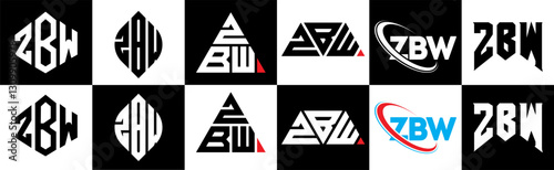 ZBW letter logo design in six style. ZBW polygon, circle, triangle, hexagon, flat and simple style with black and white color variation letter logo set in one artboard. ZBW minimalist and classic logo