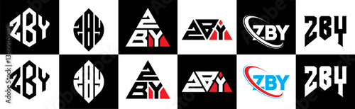 ZBY letter logo design in six style. ZBY polygon, circle, triangle, hexagon, flat and simple style with black and white color variation letter logo set in one artboard. ZBY minimalist and classic logo