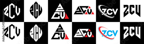 ZCV letter logo design in six style. ZCV polygon, circle, triangle, hexagon, flat and simple style with black and white color variation letter logo set in one artboard. ZCV minimalist and classic logo
