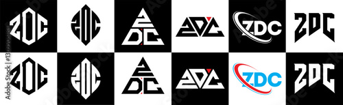 ZDB letter logo design in six style. ZDB polygon, circle, triangle, hexagon, flat and simple style with black and white color variation letter logo set in one artboard. ZDB minimalist and classic logo