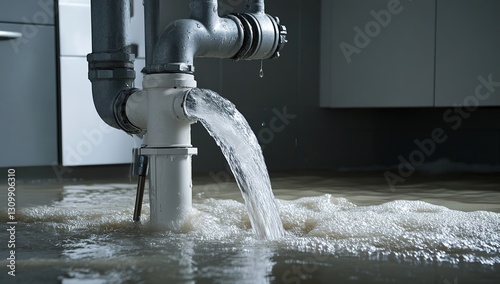 A sturdy pump with water flowing out of it, standing in the center of a rising flooded basement floor