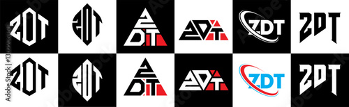 ZDT letter logo design in six style. ZDT polygon, circle, triangle, hexagon, flat and simple style with black and white color variation letter logo set in one artboard. ZDT minimalist and classic logo