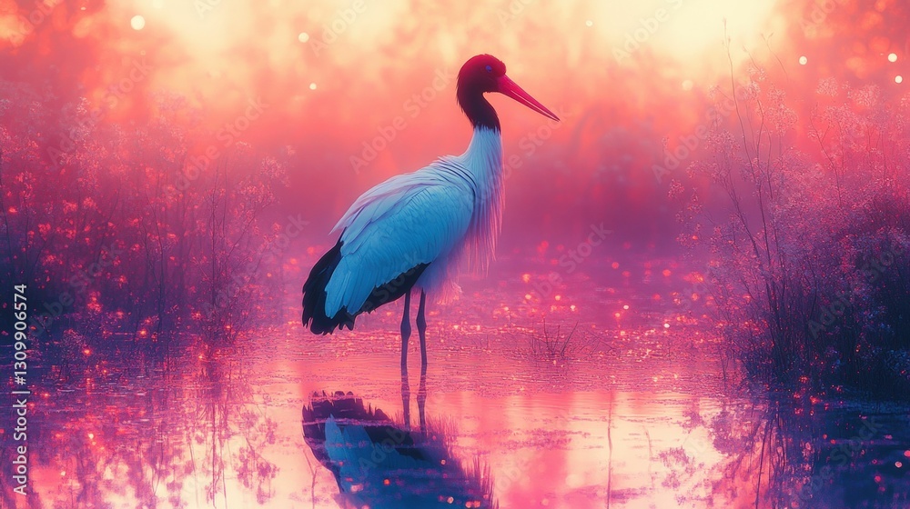 Fototapeta premium Serene wading bird sunset reflection beauty