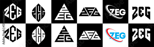 ZEG letter logo design in six style. ZEG polygon, circle, triangle, hexagon, flat and simple style with black and white color variation letter logo set in one artboard. ZEG minimalist and classic logo