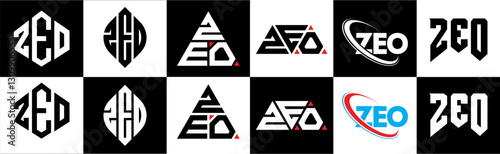 ZEO letter logo design in six style. ZEO polygon, circle, triangle, hexagon, flat and simple style with black and white color variation letter logo set in one artboard. ZEO minimalist and classic logo