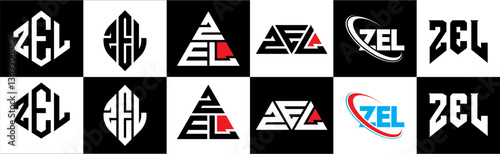 ZEL letter logo design in six style. ZEL polygon, circle, triangle, hexagon, flat and simple style with black and white color variation letter logo set in one artboard. ZEL minimalist and classic logo