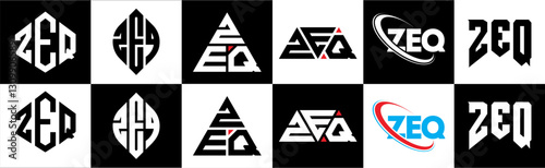 ZEQ letter logo design in six style. ZEQ polygon, circle, triangle, hexagon, flat and simple style with black and white color variation letter logo set in one artboard. ZEQ minimalist and classic logo