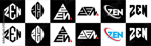 ZEN letter logo design in six style. ZEN polygon, circle, triangle, hexagon, flat and simple style with black and white color variation letter logo set in one artboard. ZEN minimalist and classic logo