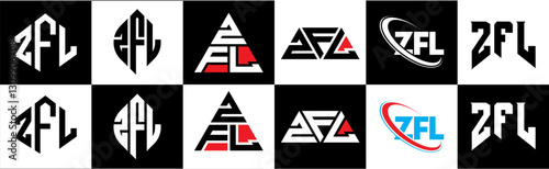 ZFL letter logo design in six style. ZFL polygon, circle, triangle, hexagon, flat and simple style with black and white color variation letter logo set in one artboard. ZFL minimalist and classic logo
