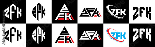ZFK letter logo design in six style. ZFK polygon, circle, triangle, hexagon, flat and simple style with black and white color variation letter logo set in one artboard. ZFK minimalist and classic logo