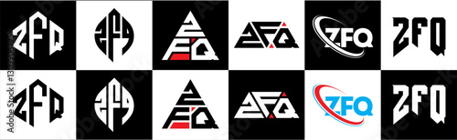 ZFQ letter logo design in six style. ZFQ polygon, circle, triangle, hexagon, flat and simple style with black and white color variation letter logo set in one artboard. ZFQ minimalist and classic logo