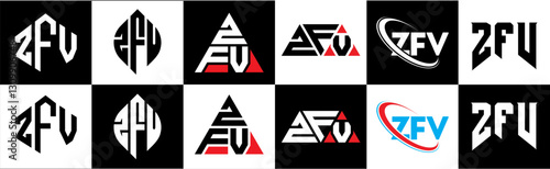 ZFV letter logo design in six style. ZFV polygon, circle, triangle, hexagon, flat and simple style with black and white color variation letter logo set in one artboard. ZFV minimalist and classic logo