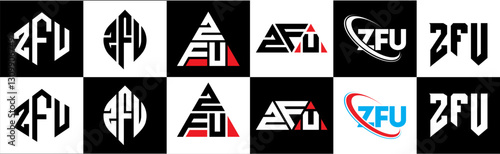 ZFU letter logo design in six style. ZFU polygon, circle, triangle, hexagon, flat and simple style with black and white color variation letter logo set in one artboard. ZFU minimalist and classic logo