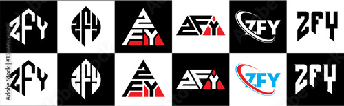 ZFY letter logo design in six style. ZFY polygon, circle, triangle, hexagon, flat and simple style with black and white color variation letter logo set in one artboard. ZFY minimalist and classic logo