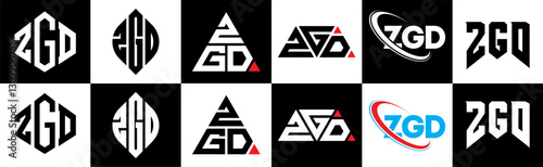 ZGD letter logo design in six style. ZGD polygon, circle, triangle, hexagon, flat and simple style with black and white color variation letter logo set in one artboard. ZGD minimalist and classic logo