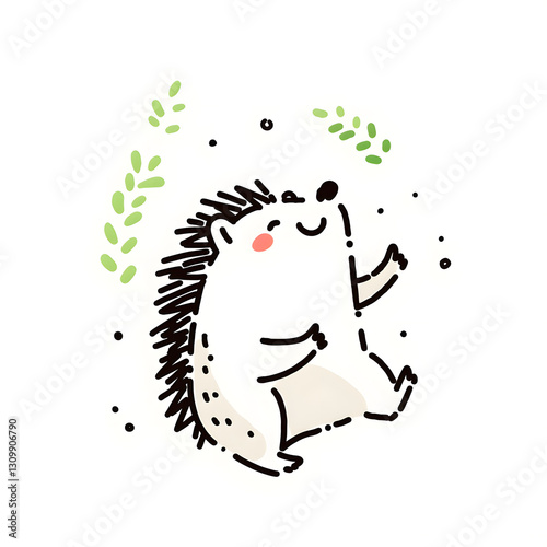Joyful hedgehog sketch, fine line art with intricate woodland elements