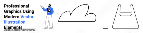 Person explaining creative concepts, minimal cloud and bag icons. Ideal for education, design projects, shopping apps, tech, presentations, online services, flat landing page banner