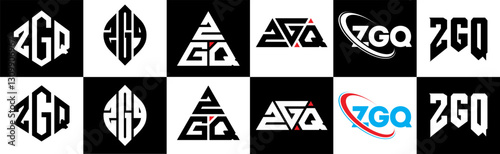 ZGQ letter logo design in six style. ZGQ polygon, circle, triangle, hexagon, flat and simple style with black and white color variation letter logo set in one artboard. ZGQ minimalist and classic logo