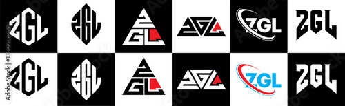 ZGL letter logo design in six style. ZGL polygon, circle, triangle, hexagon, flat and simple style with black and white color variation letter logo set in one artboard. ZGL minimalist and classic logo