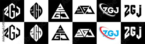 ZGJ letter logo design in six style. ZGJ polygon, circle, triangle, hexagon, flat and simple style with black and white color variation letter logo set in one artboard. ZGJ minimalist and classic logo