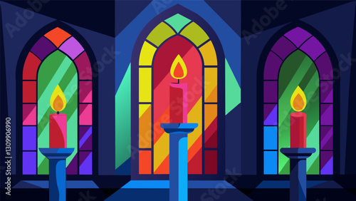 The candlelight reflected off the stained glass windows casting colorful shadows across the congregation.. Vector illustration