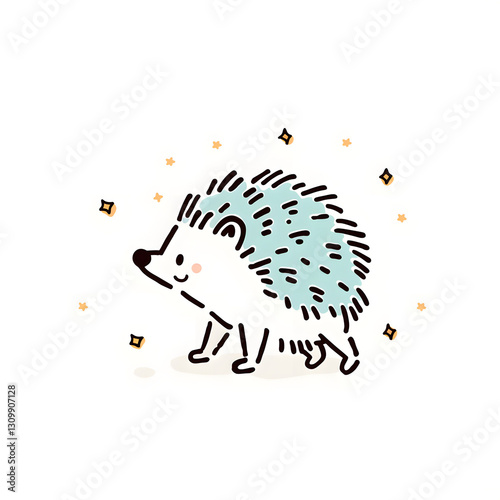 smiling hedgehog artwork, complex ink illustration with stars  and vines