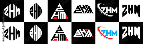 ZHM letter logo design in six style. ZHM polygon, circle, triangle, hexagon, flat and simple style with black and white color variation letter logo set in one artboard. ZHM minimalist and classic logo