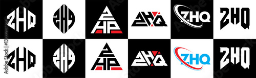 ZHQ letter logo design in six style. ZHQ polygon, circle, triangle, hexagon, flat and simple style with black and white color variation letter logo set in one artboard. ZHQ minimalist and classic logo